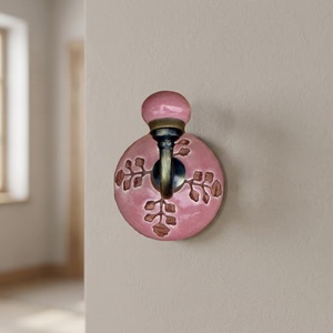 Ba Vintage <b>Pink</b> Ceramic Wall Hook With Plant Pattern Handmade Brass Hardware Single Hook For Home Decor - Product Image 1