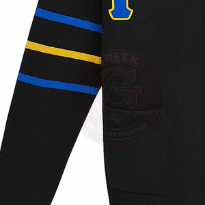 Suéter de Mujer Sigma Gamma R, Cárdigan Tejido con Cuello en V, Manga Larga, Letras Griegas Bordadas, Rayas Negras, Azules y Amarillas - Product Image 4