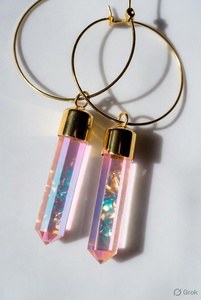 <b>Gold</b> Hoop <b>Earrings</b> with Rainbow Aura Quartz Crystal Points | Large <b>Dangle</b> Statement <b>Earrings</b> | Boho Gemstone Jewelry for Women - Product Image 4