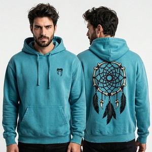 เสื้อฮู้ดดี้สีฟ้าอมเขียวแบบวินเทจสำหรับผู้ชาย ลายกราฟิกดรีมแคชเชอร์ สไตล์สตรีทแวร์ ทรงโอเวอร์ไซส์ ผ้าฟลีซหนานุ่ม  แบบ DIY - Product Image 1