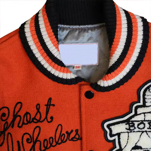Men's Orange PU Leather Varsity <b>Jacket</b> <b>Punk</b> Style Skull Patch Embroidery Turn-down Collar Regular Fit Autumn Wear Custom LOGO - Product Image 2