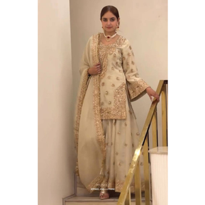 Ensemble Salwar Kameez en soie beige, brodé de sequins, style indien pakistanais, pour mariage et fête, vente en gros, vêtements ethniques pour femmes - Product Image 4