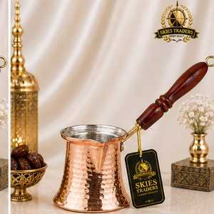 Embossed Copper <b>Turkish</b> Coffee <b>Pot</b> With Black Wooden Handle Long Stovetop Cezve For Authentic Brewing - Product Image 4