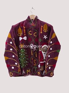 เสื้อโค้ทกำมะหยี่ปักลายคริสต์มาส  แบบโบฮีเมียนรักษ์โลก  คอทรงโอ แขนยาว  ไซส์ใหญ่  เสื้อคลุมฤดูหนาวสำหรับผู้หญิง  งานแฮนด์เมด - Product Image 3