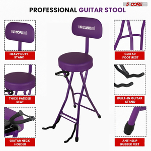Taburete de guitarra metálico de 5 patas, silla acolchada de 3.15 pulgadas con respaldo, asiento musical plegable con reposapiés integrado - Product Image 6