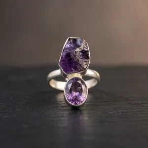 Bague Statement en Argent Sterling 925 avec Deux Pierres d'Améthyste Naturelle, Faite à la Main, Pierre Brute, Bijoux Bohèmes, Design Élégant - Product Image 2