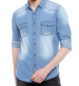 Camisa de Mezclilla Azul Claro para Hombre, Manga Tres Cuartos, Corte Regular, Color Sólido Informal, Cuello Clásico, Transpirable, Algodón Lavado a la Piedra - Product Image 3