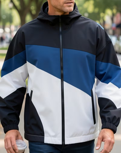 Men's Eco-Friendly Breathable Canvas Color Blocking Coated Windproof Bomber Jacket Stand Collar Single Button Closure Sporty - Product Image 5