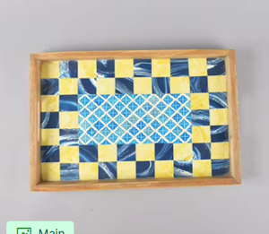 Luxury Handcrafted Blue And Yellow Checkerboard Pattern Wood Decorative Serving Tray Elegant Modern Rectangular <b>Coffee</b> <b>Table</b> - Product Image 5
