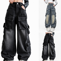 Bangladesh Jeans Manufacturer Stock Lot Bulk Sale Women's Wide Leg Denim Pants Mid Waist Loose Fit Embroidered Floral Pants