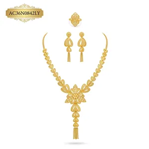 24K Gold Plated Long Floral Charm Necklace Set for Women Nigerian Bridal <b>Wedding</b> Jewelry with Earrings & Ring - Product Image 2