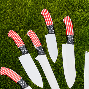 ชุดมีดเชฟ 6 ชิ้น ผลิตด้วยมือโดย Edge Master ด้ามจับเรซิ่นสแตนเลส ออกแบบสำหรับคนถนัดทั้งสองมือ ใบมีดยาว 5 นิ้ว พร้อมซองหนัง - Product Image 2