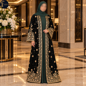 Tela de Terciopelo Negro con Bordado Floral Dorado y Borde Ornamentado |   Motivos Florales Delicados y Dobladillo Decorativo para la Confección de Abayas - Product Image 2