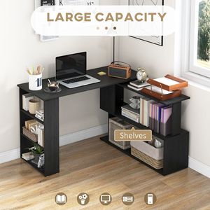 Scrivania da Ufficio a L Girevole a 360° con Scaffali Portaoggetti e Tavolo per Scrittura, Nera - Resistente e Funzionale - Product Image 4