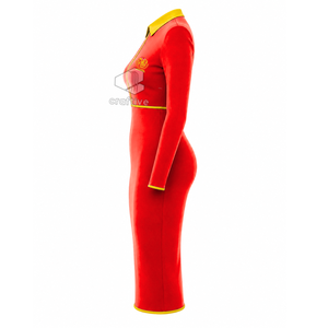 Vestido Midi Ajustado Rojo para Mujer NSPDK con Cuello Polo Dorado en Contraste, Cierre de Cremallera de un Cuarto, Manga Larga, Estilo Casual - Product Image 3