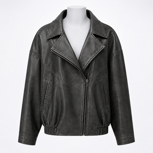 Chaqueta Bomber de Cuero Genuino para Mujer, Cuello Camisero, Manga Larga, Cierre de Cremallera, Color Sólido, Largo Regular, Estilo Otoñal - Product Image 6