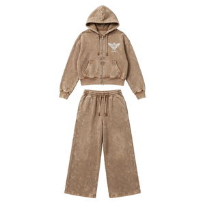 Ensemble survêtement vintage deux pièces marron délavé à l'acide avec sweat à capuche zippé et pantalon de survêtement large – Vêtements streetwear écologiques pour l'hiver - Product Image 3
