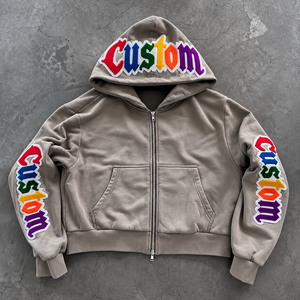 Trendy Drop Shoulder Distressed <b>Crop</b> <b>Hoodie</b> For Men's <b>Zip</b> <b>Up</b> French Terry Hooded Sweatshirt With Custom Vintage Taupe Design OEM - Product Image 1