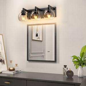 Lampada da Bagno Moderna a 3 Luci con Paralume in Vetro Trasparente e Base in Metallo Nero Opaco per Installazione Sopra lo Specchio - Product Image 2