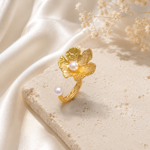 Elegante Anillo Ajustable de Diseño con Flor de Margarita Texturizada y Perla Blanca, Chapado en Oro de 18K, para Mujer, Joyería de Boda - Product Image 5