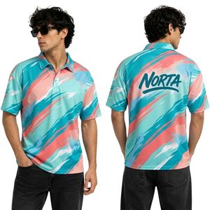 Camisetas Polo Sublimadas para Hombre, con Rayas Geométricas Diagonales en Rosa Coral y Azul, 220 GSM, Tela de Poliéster y Spandex Antipilling, para Uniformes Deportivos - Product Image 1