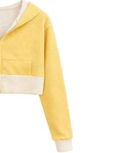 Sudadera con capucha corta para mujer, con cremallera, color amarillo pastel y bloques de color en felpa de algodón, estilo casual y urbano. - Product Image 3