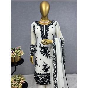 ATRACTIVE GEORGETTE BORDADO PIEDRA TRABAJO A MANO TOP PALAZZO CON DUPATTA BLANCO - Product Image 2