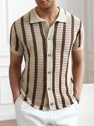 Camisa de punto de ganchillo premium para hombre, estilo retro con rayas verticales, polo de punto con botones, ropa de verano transpirable de malla abierta - Product Image 2