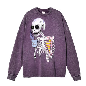 Unisex Purple Crew Neck Long Sleeve Sweatshirt Printed <b>Skeleton</b> Holding Cup Front Loose Fit All Seasons 100% Cotton - Product Image 1