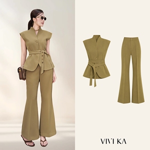 Ensemble pantalon deux pièces uni pour femme, tenue de bureau, haut à manches courtes ceinturé et pantalon évasé en spandex extensible, boutonné, OEM ODM NELLY - Product Image 1