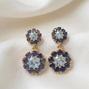 <b>Gold</b> Plated blue stone <b>Earrings</b>, Blue topaz and Iolite Gemstone Statement Pair Floral <b>Dangle</b> Ear Jewelry for Party Gift - Product Image 2