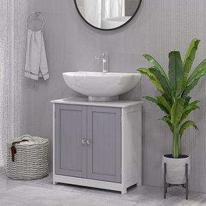 Mobile Bagno Combinato Bianco e Grigio a U con Lavabo Integrato, Ripiano Regolabile, in Legno Massello e PVC per Hotel - Product Image 2