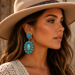 Grandes boucles d'oreilles pendantes en turquoise, style western, argent antique, bijoux bohèmes pour femmes, cadeau - Product Image 1
