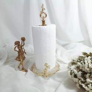 Porte-serviettes en papier en métal doré, support de rouleau de papier pour comptoir de cuisine, avec décoration florale blanche - Product Image 3