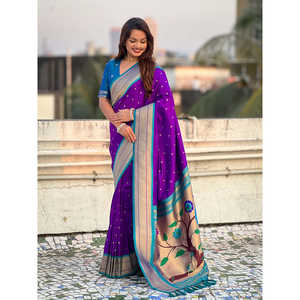 Sari tissé violet Elite Weaves en soie douce Paithani Zari, vêtements indiens et pakistanais, 650g en stock - Product Image 1