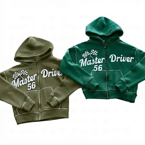 Men Zip Hoodie Vintage Racing <b>Jacket</b> Oversized Streetwear Green Cartoon Embroidered Heavyweight <b>Fleece</b> Full Zip Sweatshirt 100% - Product Image 1