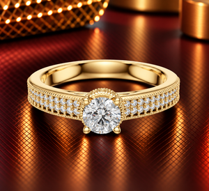 Bague Solitaire en Or 14K 18K avec Diamant de Laboratoire Taille Ronde, Double Rangée Pavée, 0.80Ct DEF VVS, Classique, Cadeau Anniversaire, ODM - Product Image 1