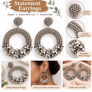 Pendientes de Aro con Cuentas de Vidrio en Tono Plateado y Adorno Floral, Joyería Artesanal para Mujer - Product Image 6