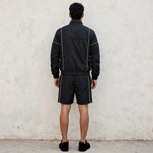 Men's Black Full Zip Tracksuit <b>Jacket</b> With <b>White</b> Piping Stand Collar Sporty Style Lightweight Quick Dry Regular Fit Shorts Set - Product Image 3