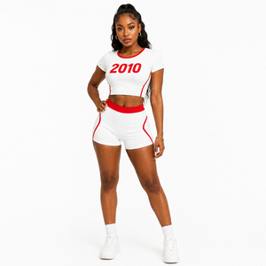 Cosh International Sorority Sisterhood Cropped Tee Stripe Sleeve Shorts <b>Set</b> Women's Crop T Shirt and Shorts <b>Set</b> Casual Two <b>Piece</b> - Product Image 1
