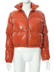 <b>White</b> PU <b>Puffer</b> <b>Jacket</b> Women's Winter Warm Short Coat Casual Stand Collar Zipper Front Thick Polyester Wadding Coated Style - Product Image 3