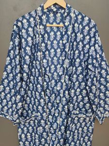 <b>Navy</b> Blue Floral Cotton Kimono Robe Women's Full Length Long Sleeve Casual Sleepwear Mandarin Collar Printed Woven Fabric - Product Image 4