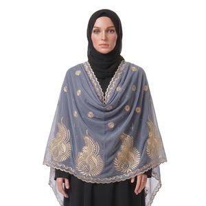 Écharpe en mousseline de soie légère et respirante avec broderie lourde et strass, nouvelle arrivée, motif floral estival, châle islamique long et multicolore - Product Image 1