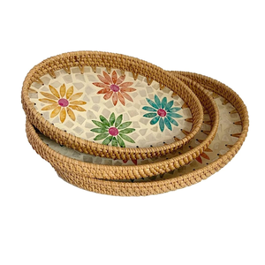 Juego de bandejas de cocina de nácar y ratán, artesanía hecha a mano, forma ovalada, para mesa de desayuno, bandeja para guardar tazas de café - Product Image 6