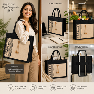 black laminated jute tote bag with ethnic print wooden button eco friendly reusable shopping <b>handbag</b> - Product Image 6