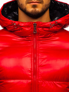 Men's Red Hooded Puffer <b>Jacket</b> With Zipper Closure And Patch Design Winter Casual Wear - Product Image 5