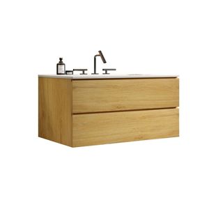 Tocador de baño de roble Natural de montaje en pared TIA de 36 \ "tocador flotante preensamblado moderno de almacenamiento grande con fregadero de cerámica 3 - Product Image 4