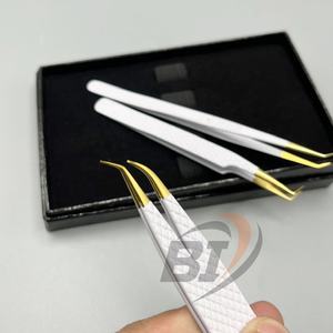 Pinzas para Extensión de Pestañas de 45 y 90 Grados, Pinzas Largas y Delgadas de Acero Inoxidable Blanco Dorado, Logotipo Personalizado - Product Image 2