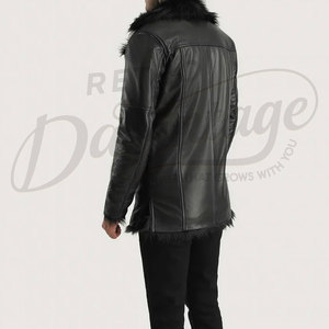 Abrigo de Cuero Negro para Hombre con Cuello de Piel Sintética, Chaqueta Larga Estilo Shearling para Invierno, Corte Entallado, Informal y Elegante - Product Image 2