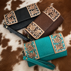 Pochette en cuir véritable à motif floral embossé, style western, nouveauté, vente chaude, portefeuille pour cartes de crédit pour femme - Product Image 4